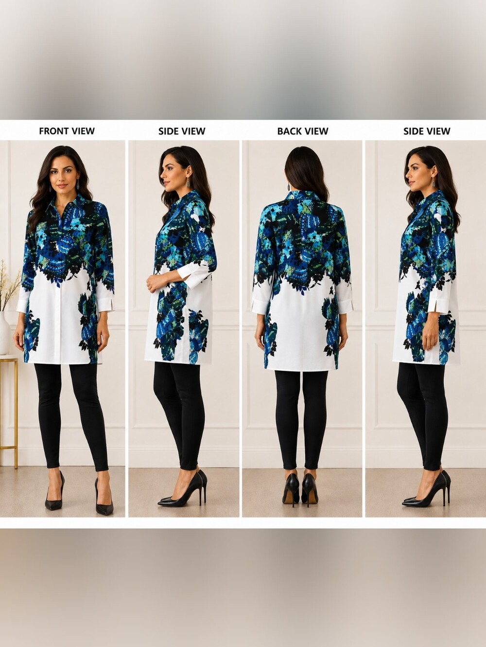 Chico's 3/4 Sleeved Button-Down Butterfly Print Tunic Top
